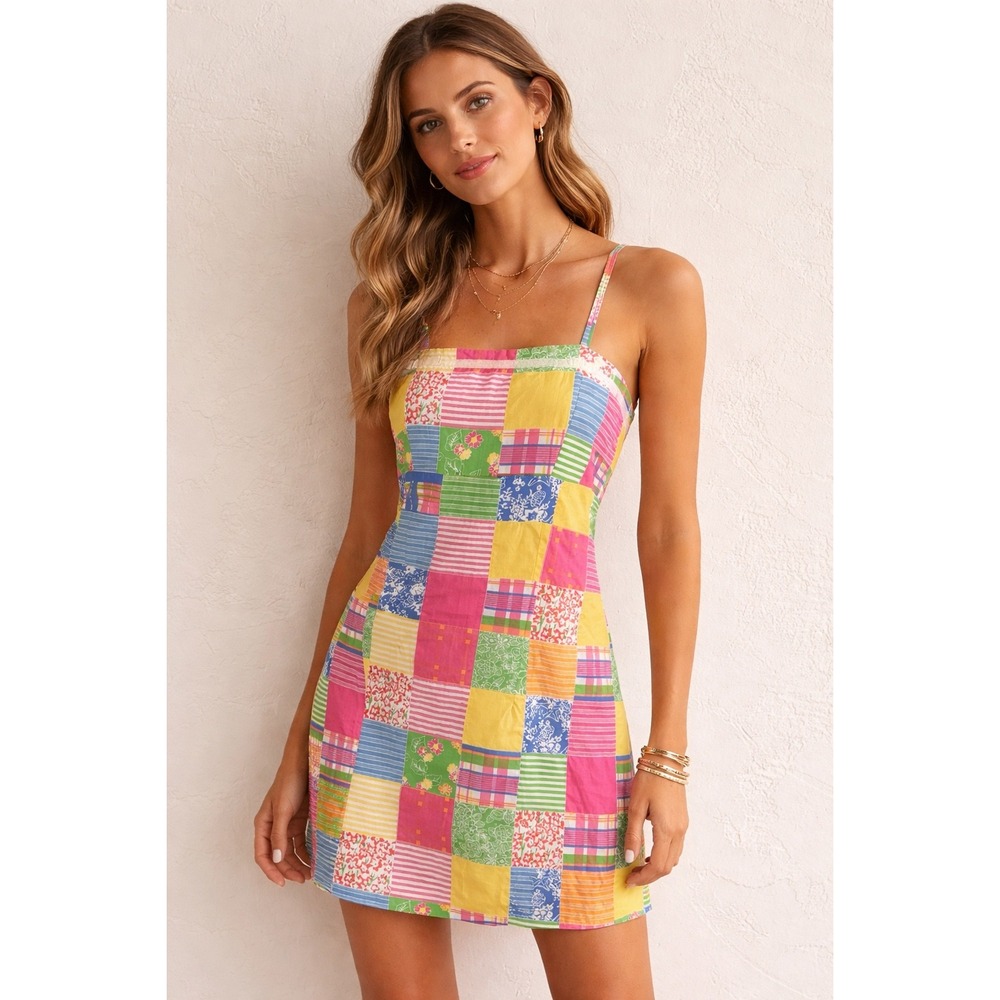 JBM Sport‎ Womens Patchwork Cotton Mini Dress Bow Multicolor Floral Plaid XL